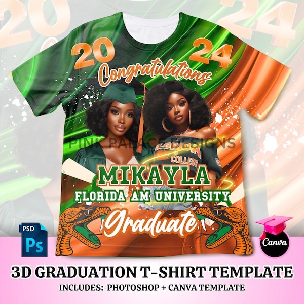 3D Tee Template, All over Tee Template Graduation T Shirt Design, Editable in canva , 2024 Graduation Year is Editable, Green ORANGE 4567