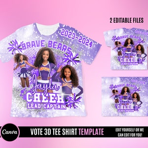 Puede incluir: Plantilla de diseño de camiseta de animadora de color morado y plateado con fondo de purpurina. El diseño presenta el texto "Brave Bears" y "Jayla Cheer Lead Captain" con los años "2023-2024". El diseño también incluye una foto de una niña con un uniforme de animadora.
