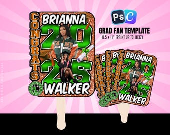 Archivo de diseño de abanico de graduación, abanico de graduación, abanico de graduación 2025, editable en Canva, plantilla de abanico de graduación, perfecto para sublimación. Naranja y verde.