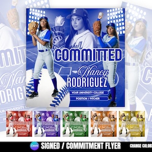 以下が含まれることがあります： 青と白の野球をテーマにしたチラシで、太字の青い文字で「COMMITTED」という言葉が書かれています。チラシには、ユニフォームを着た野球選手、「Nancy RODRIGUEZ」という名前、そして「YOUR UNIVERSITY COLLEGE POSITION / PITCHER」というテキストが掲載されています。