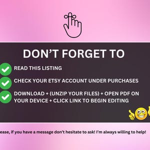 May include: A graphic with the text "DON'T FORGET TO" followed by instructions on how to use a digital product. The background is pink, with a black rectangle containing the text and green checkmarks. A hand icon and a smiley face are also present.