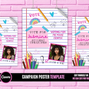 以下が含まれることがあります： ピンク色の背景に3つのキャンペーンポスター。各ポスターは、「VOTE FOR Jasmine STUDENT TREASURER」というテキストが入ったノート用紙のデザインです。ポスターには、写真、虹、鉛筆のイラストが含まれています。