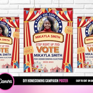 Circus Campaign Poster, Student Council Poster, Elections, Homecoming Poster, DIY Edit with Canva