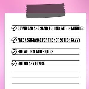 May include: A checklist with four checked boxes and text describing the benefits of using a service. The text reads: "Download and start editing within minutes", "Free assistance for the not so tech savvy", "Edit all text and photos", and "Edit on any device".