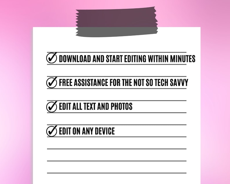 May include: A checklist with four checked boxes and text describing the benefits of using a service. The text reads: "Download and start editing within minutes", "Free assistance for the not so tech savvy", "Edit all text and photos", and "Edit on any device".