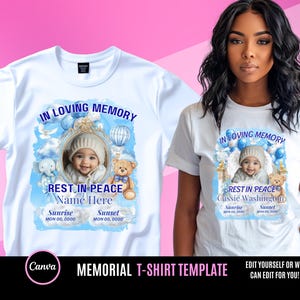 May include: White t-shirt with a blue and white memorial design featuring a baby boy's photo, a teddy bear, and the text "In Loving Memory", "Rest in Peace", "Name Here", "Sunrise", "Sunset", and dates.
