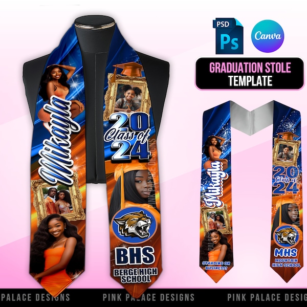 Graduation Stole Sash, Orange and Blue or any color, Editable in canva, Class of 2024 Graduation Stole, Perfect for Sublimation