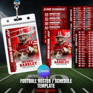 Può includere: Un modello di elenco e programma di calcio con un giocatore in uniforme rossa e bianca. Il modello include il testo "Morrison High School Knights" e "Michael Barkley, Wide Receiver". Lo sfondo è un campo da calcio.