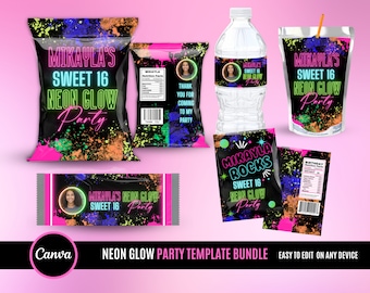 Pode incluir: Um conjunto de modelos de festa imprimíveis com um tema de brilho neon. Os modelos incluem um saco de batatas fritas, um rótulo para garrafa de água, um rótulo para caixa de suco, um embrulho de barra de chocolate e uma sacola de presente. Os modelos são decorados com respingos de tinta preta, rosa, verde e amarela e apresentam o texto "Mikayla's Sweet 16 Neon Glow Party".