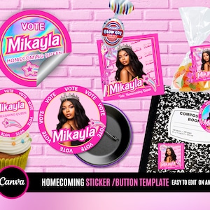 May include: Pink and white homecoming sticker and button template with the text "Vote Mikayla Homecoming Queen" and a picture of a young woman. The template is easy to edit on any device.