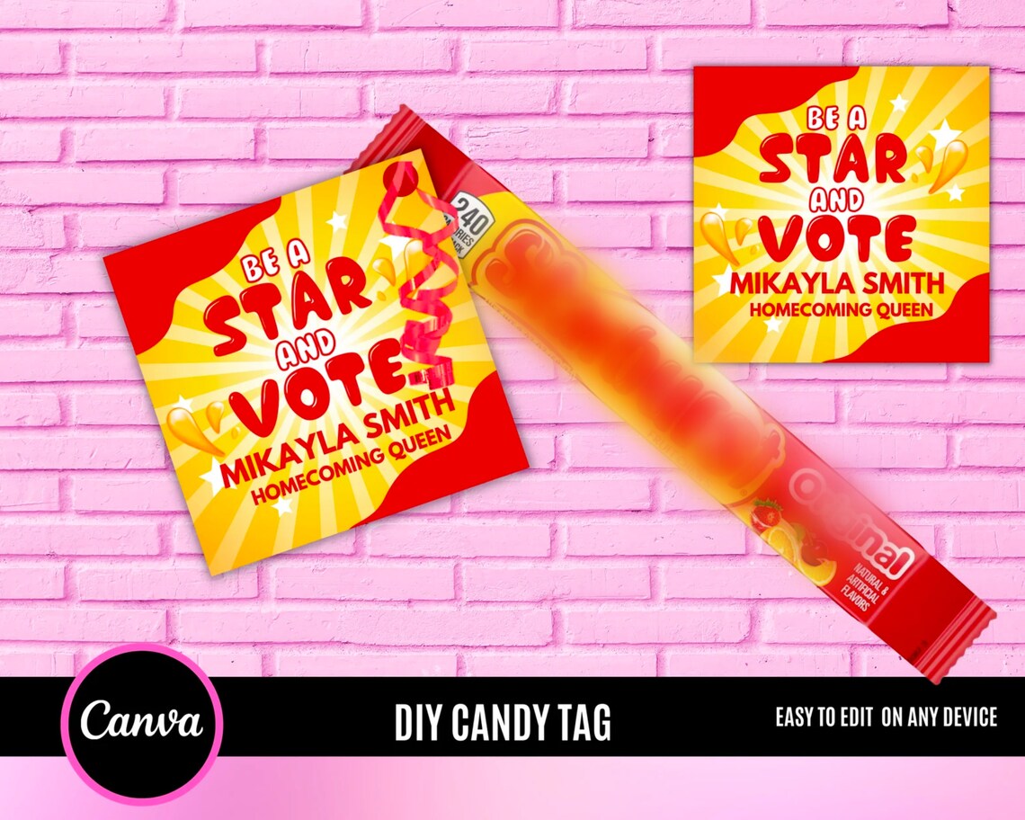Vote Candy Star Burst Candy Tag, Candy Tag, Homecoming Candy Tag, All Words ...