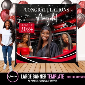 Peut inclure: Modèle de bannière de graduation noir et rouge pour les utilisateurs Canva Pro. La bannière présente le texte "Félicitations Amiyah ! Classe de 2024" et un graphique de chapeau de graduation.