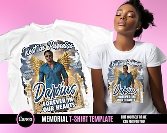 Diseño de camiseta conmemorativa, editable en Canva, plantilla de diseño de camiseta "In Loving Memory", perfecta para sublimación, DTF o DTG. RIP Heaven.