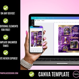 May include: A purple and gold digital template for Canva featuring a senior volleyball player with the text "Nevaeh" and "Class of 2025 NWHS Senior Volleyball Tigers".