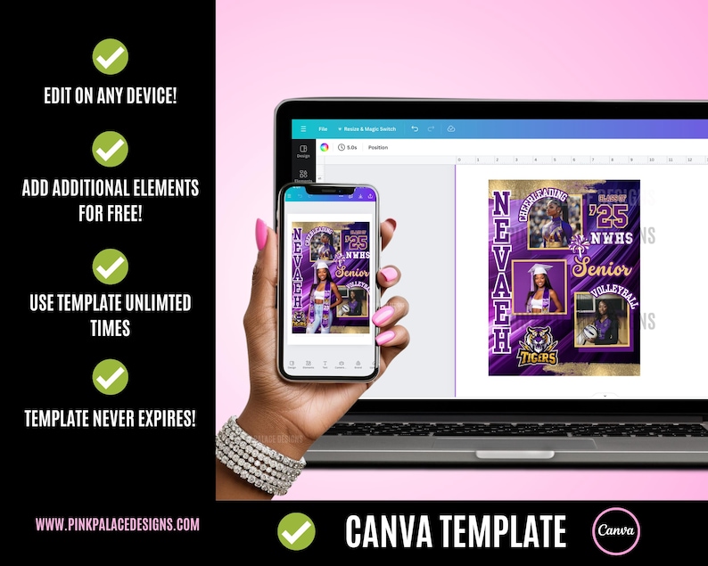 May include: A purple and gold digital template for Canva featuring a senior volleyball player with the text "Nevaeh" and "Class of 2025 NWHS Senior Volleyball Tigers".