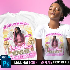 May include: A white t-shirt with a memorial design featuring a woman with angel wings. The design includes the text "In Loving Memory", "Rest in Peace", and "Forever in our hearts".