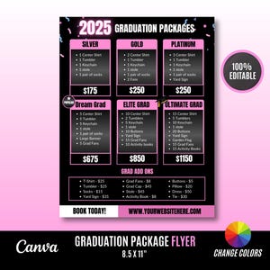Puede incluir: Un folleto negro y rosa con el texto "2025 Graduation Packages" en la parte superior. El folleto enumera diferentes paquetes de graduaci&oacute;n con precios y descripciones. Los paquetes incluyen art&iacute;culos como camisas centrales, vasos, llaveros, estolas y letreros de jard&iacute;n. El folleto tambi&eacute;n incluye una secci&oacute;n para "Grad Add Ons" con precios para art&iacute;culos como abanicos de graduaci&oacute;n, gorras de graduaci&oacute;n, estolas y libros de actividades. El folleto tiene el texto "Book Today!" y una direcci&oacute;n de sitio web en la parte inferior.