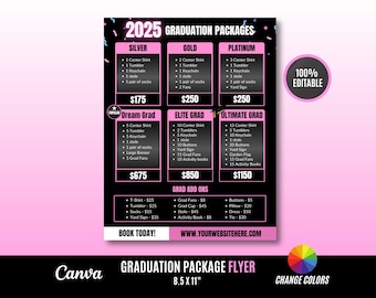 Graduation Price List Flyer Editable in Canva, Quick and Easy download and edit pricing list flyer