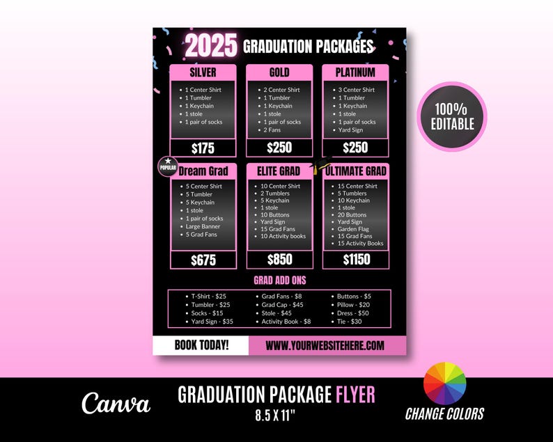 Puede incluir: Un folleto negro y rosa con el texto "2025 Graduation Packages" en la parte superior. El folleto enumera diferentes paquetes de graduaci&oacute;n con precios y descripciones. Los paquetes incluyen art&iacute;culos como camisas centrales, vasos, llaveros, estolas y letreros de jard&iacute;n. El folleto tambi&eacute;n incluye una secci&oacute;n para "Grad Add Ons" con precios para art&iacute;culos como abanicos de graduaci&oacute;n, gorras de graduaci&oacute;n, estolas y libros de actividades. El folleto tiene el texto "Book Today!" y una direcci&oacute;n de sitio web en la parte inferior.
