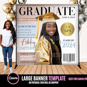 Graduation Banner Template,  Editable in canva , Graduation Backdrop Magazine Banner, Fully editable , Change background, change text - 3456