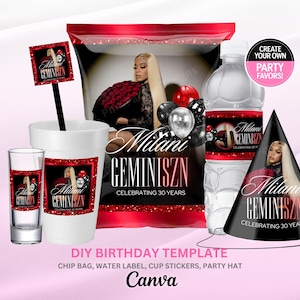 Party Pack, Birthday Bundle, Adult Birthday Party Favor, Teen Party favor, Birthday SZN Editable Templates, Red Black