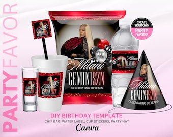 May include: A printable DIY birthday party template featuring a black and red design with the text "Milani Geminiszn Celebrating 30 Years". The template includes a crisp bag, water bottle label, cup sticker, and party hat.