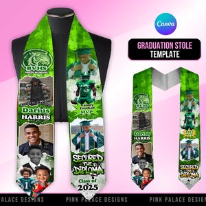 May include: Green graduation stole with photos, text, and a tiger logo. The stole features the text "Congratulations Darius Harris," "Varsity Football MVP," and "Secured the Diploma Class of 2025."