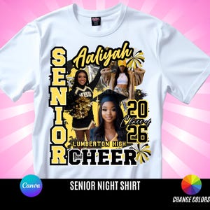 May include: White t-shirt with a graphic design featuring the name "Aaliyah", the text "SENIOR", "20 Class of 26", and "CHEER". The design includes images of cheerleaders and the text "LUMBERTON HIGH".