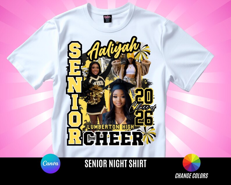 May include: White t-shirt with a graphic design featuring the name "Aaliyah", the text "SENIOR", "20 Class of 26", and "CHEER". The design includes images of cheerleaders and the text "LUMBERTON HIGH".
