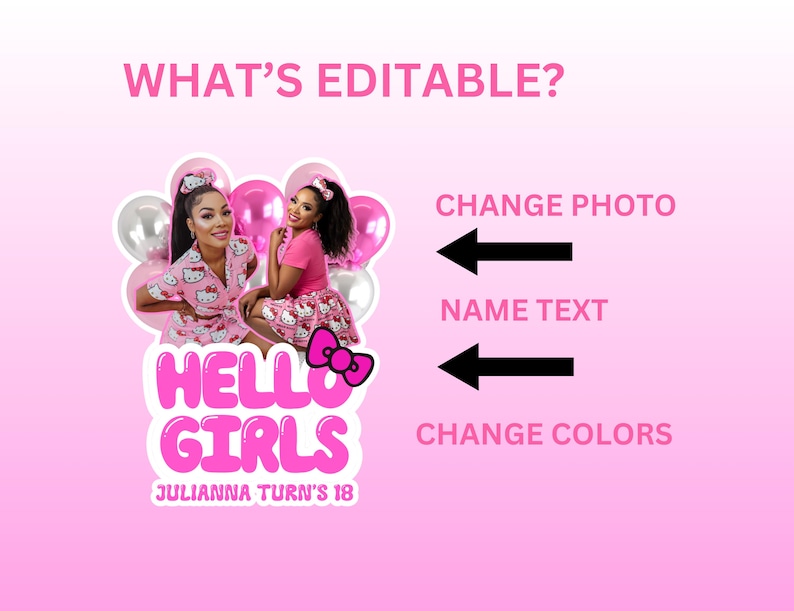 May include: A pink and white birthday party invitation design with the text "HELLO GIRLS" and "JULIANNA TURN'S 18". The design includes two women, pink balloons, and the words "WHAT'S EDITABLE?" with options to change the photo, name text, and colors.