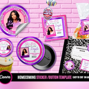May include: A collection of pink and purple homecoming-themed stickers, buttons, and a notebook. The designs feature a photo of a young woman, the text "Vote Kayla," and "Take Note it's time to vote! Kayla for Homecoming Court 2023."