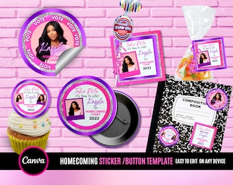 May include: A selection of pink and purple homecoming-themed stickers, badges, and a notebook. The designs feature a photo of a young woman, the text "Vote Kayla," and "Take Note it's time to vote! Kayla for Homecoming Court 2023."