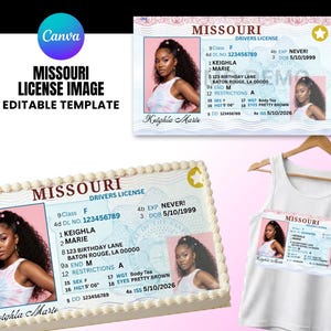 May include: An editable Missouri driver license template featuring a photo of a person, personal details, and the text Missouri Drivers License. The design is displayed on a rectangular cake with white frosting and on a white tank top on a hanger.