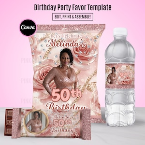 May include: A pink and gold party favor template with the text "Let's Celebrate Melinda's 50th Birthday". The template is designed for a chip bag, a water bottle, and a chocolate bar wrapper.