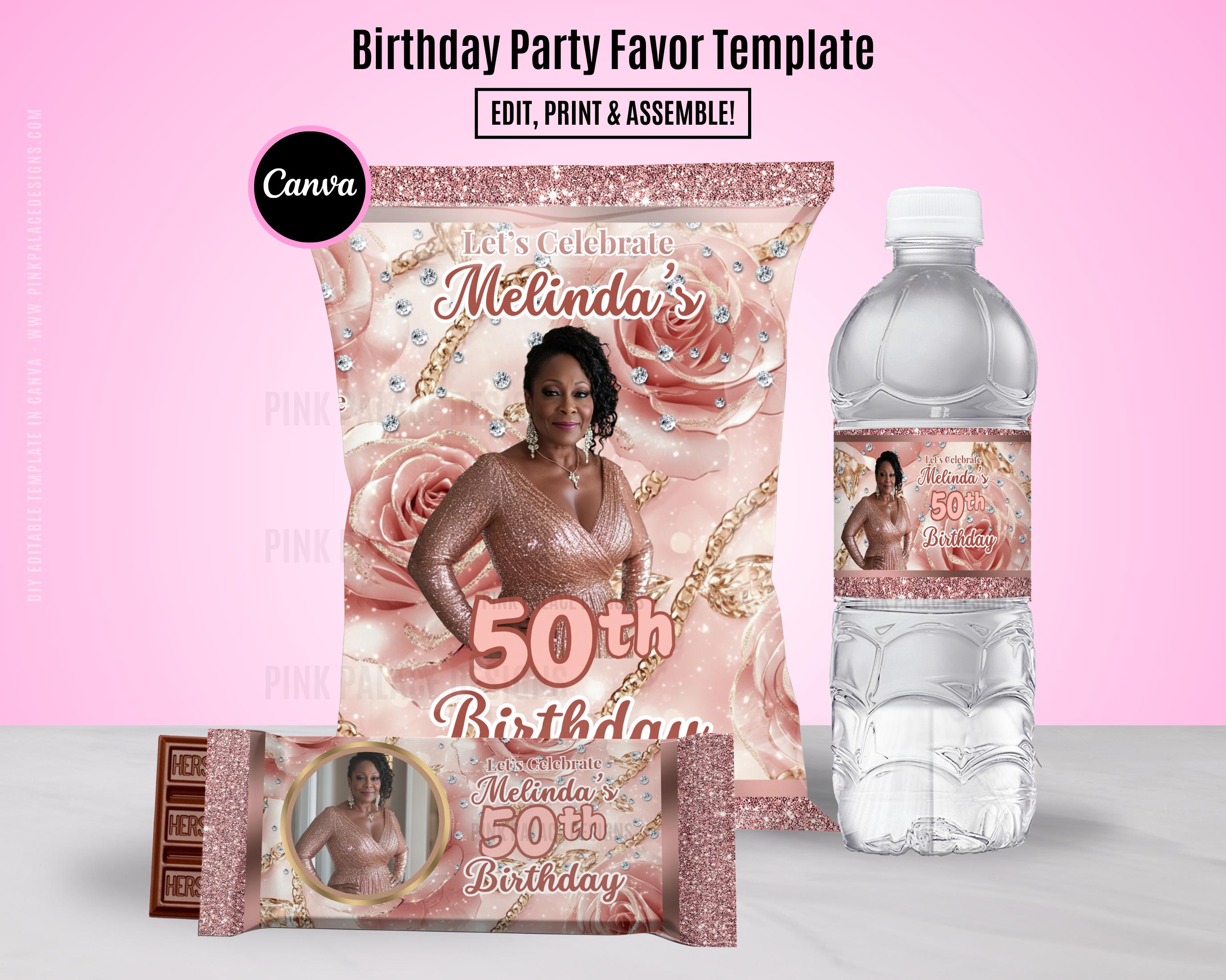 Rose Gold Birthday Part Favor Templates | Birthday Chip Bag | Birthday Party Favor |Any Age Birthday Party Favor Template Editable w Canva
