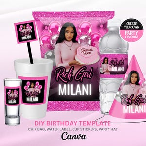 Party Pack , Birthday Bundle, Adult Birthday Party Favor, Party Hat Template, Party Pack, Birthday SZN Editable Templates, Pink and Black
