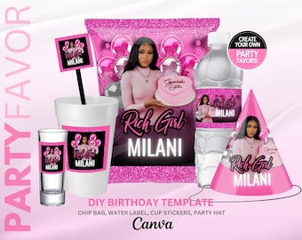 Party Pack , Birthday Bundle, Adult Birthday Party Favor, Party Hat Template, Party Pack, Birthday SZN Editable Templates, Pink and Black