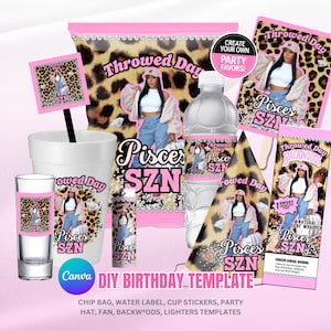 Party Pack , Birthday Bundle, Adult Birthday Party Favor, Party Hat Template, Party Pack, Birthday SZN Editable Templates, Light Pink Black
