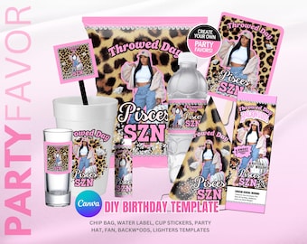 Party Pack, Geburtstags-Bundle, Partygeschenk für Erwachsene, Partyhut-Vorlage, Party Pack, Geburtstag SZN bearbeitbare Vorlagen, Hellrosa Schwarz