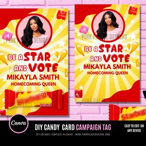 Star Chewy candy tag, Election Campaign Voting Cards, Vote for Me, Homecoming Queen, Homecoming King, Class President, Ms sophomore