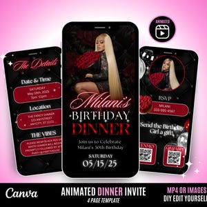 May include: A black and red animated digital invitation for a birthday dinner. The invitation features a photo of a woman with long blonde hair and a red dress. The text on the invitation reads "Milani's Birthday Dinner" and includes the date and time of the event. The invitation also includes a QR code for RSVP and a message to send the birthday girl a gift.
