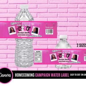 Water bottle label, campaign water bottle label, homecoming water bottle label, editable, add your photo change colors change text
