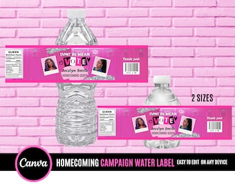 Water bottle label, campaign water bottle label, homecoming water bottle label, editable, add your photo change colors change text