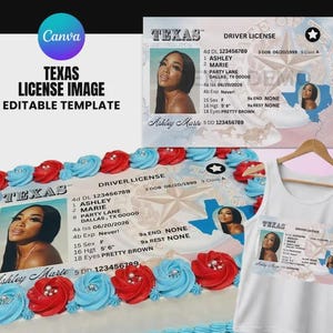 Puede incluir: Un pastel rectangular decorado con rosetas de glaseado rojo y azul, con una impresión comestible de una licencia de conducir de Texas con el nombre Ashley Marie. Al lado, una camiseta sin mangas blanca muestra el mismo diseño gráfico.