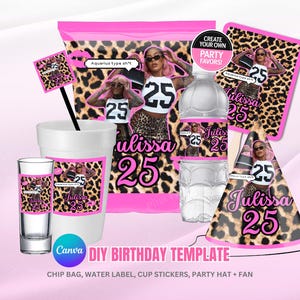 Party Pack , Birthday Bundle, Teen Adult Birthday Party Favor, Party Hat Template, Party Pack, Birthday SZN Editable Templates, Cheetah Pink