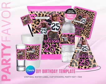 Party Pack , Birthday Bundle, Teen Adult Birthday Party Favor, Party Hat Template, Party Pack, Birthday SZN Editable Templates, Cheetah Pink