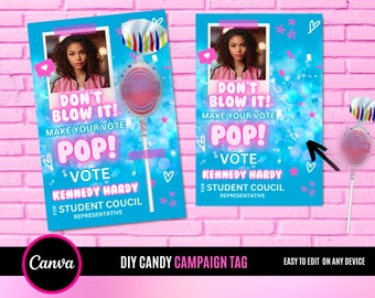 No lo arruines, Tarjetas de votación para la campaña de bienvenida, Vota por mí, Reina de la bienvenida, Rey de la bienvenida, Presidente de la clase, Etiqueta de piruleta