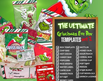 Może przedstawiać: Obraz przedstawia „The Ultimate Grinchmas Eve Box Templates set 2”. Przedstawia zielonego Grincha i różne przedmioty tematyczne, takie jak popcorn, gorąca czekolada i batony. Widoczna jest również lista kontrolna zawartych przedmiotów.