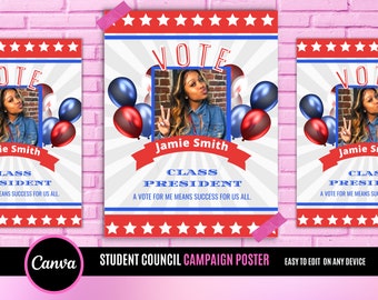 Student Council poster sign, Class campaign, class president, high School homecoming, college, editable digital poster size 18x24 , 11x17