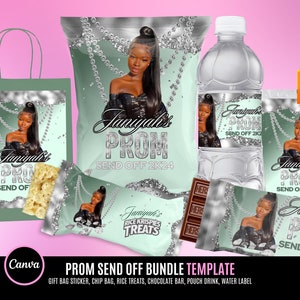 May include: A prom send-off party favor bundle template featuring a green and silver design with a girl's photo and the text "Janiyah's Prom Send Off 2K24". The bundle includes a gift bag sticker, chip bag, rice krispies treats bag, chocolate bar wrapper, pouch drink label, and water bottle label.